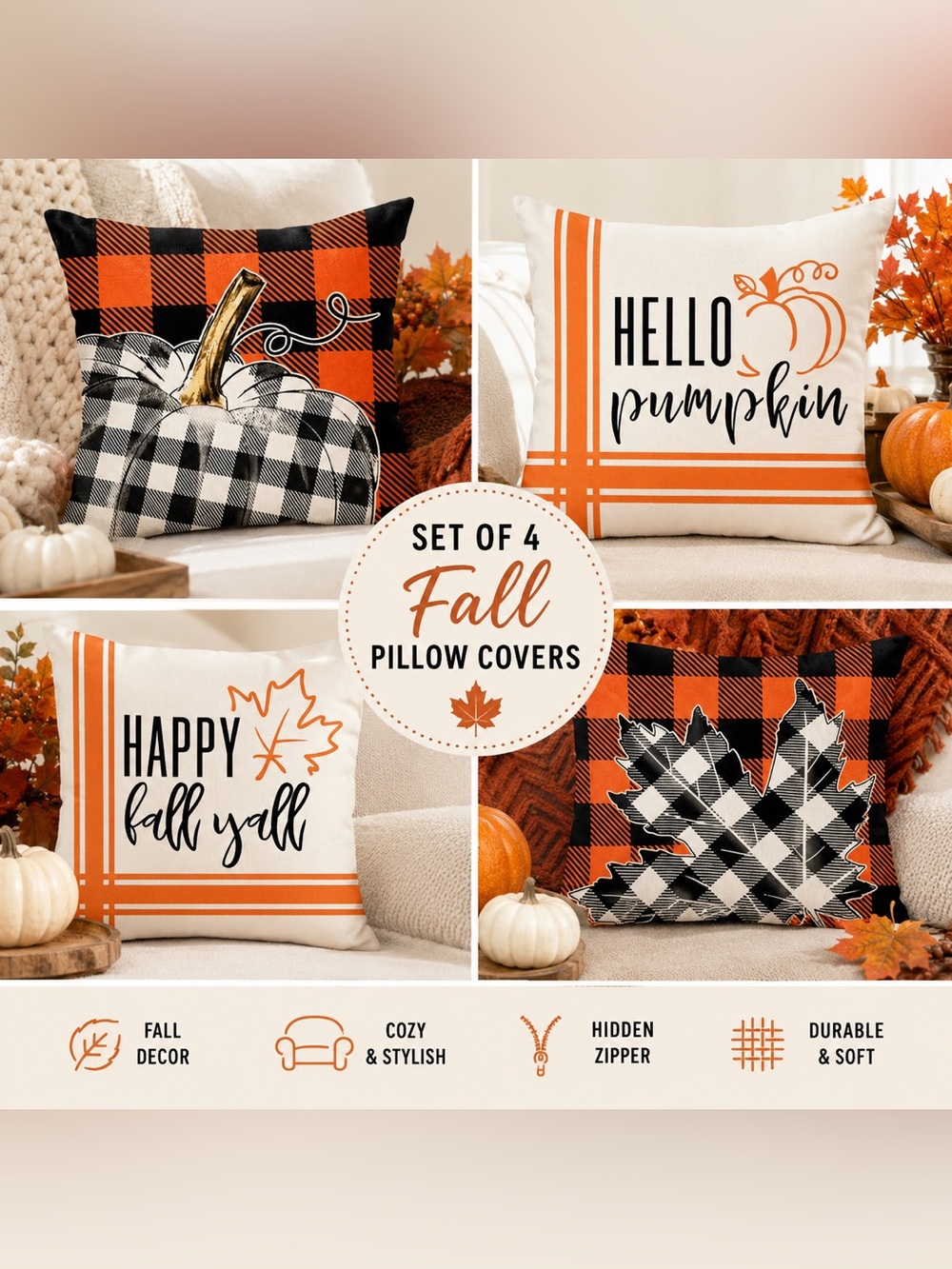 18” Fall /Halloween Pillow Covers in Orange-Black Buffalo Plaid (Set of 4)